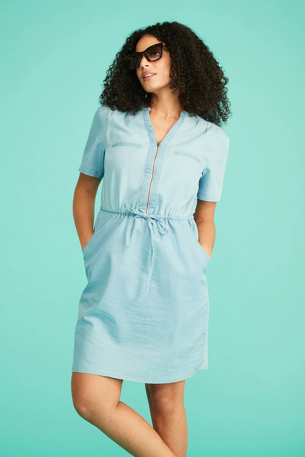 Short Sleeve Chambray Dress With Zip Detail 3 Short Sleeve Chambray Dress With Zip Detail