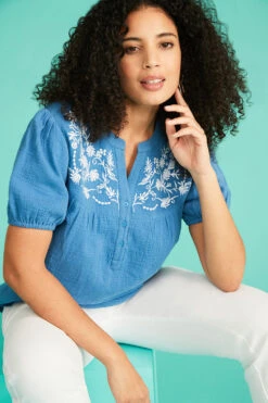 Embroidered Half Placket Overhead Shirt -Mod Vanta Sales Store BonMarche SS SHOT022 018