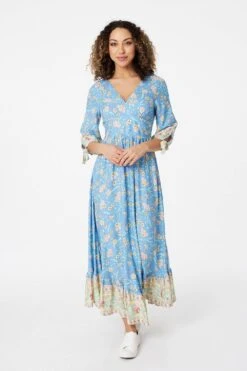 Izabel London – Floral 3/4 Tie Sleeve Maxi Dress