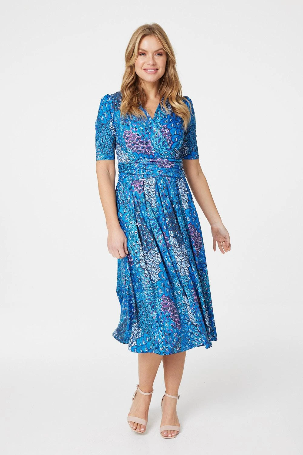 Izabel London – Peacock Print Wrap Front Dress 3 Izabel London – Peacock Print Wrap Front Dress
