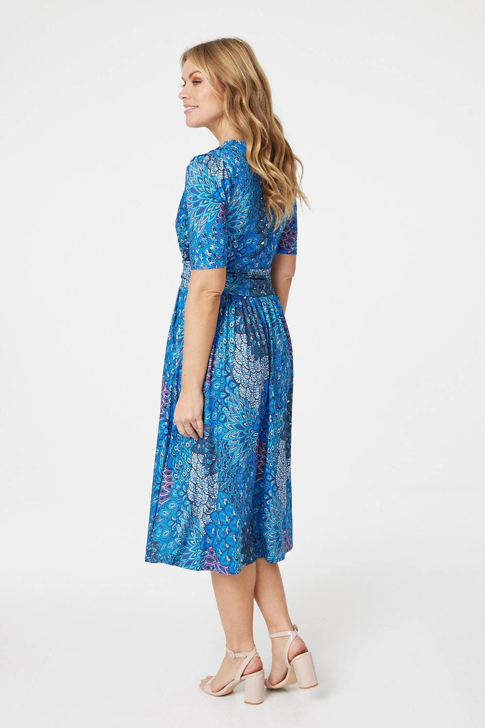Izabel London – Peacock Print Wrap Front Dress 5 Izabel London – Peacock Print Wrap Front Dress - Image 3