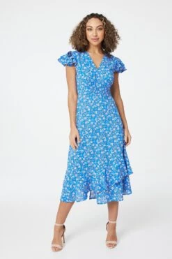 Izabel London - Floral Ruffle Sleeve Midi Dress