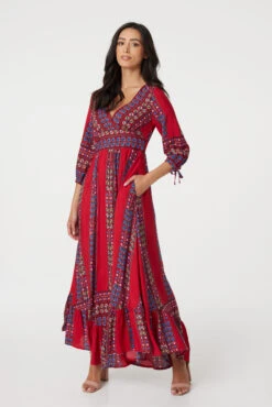 Izabel London – Boho Print 3/4 Sleeve Maxi Dress
