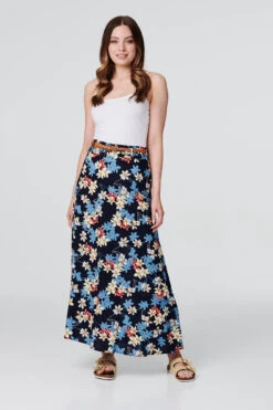 Izabel London – Floral Belted A-Line Maxi Skirt