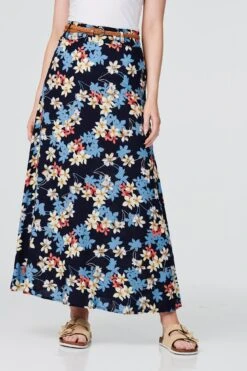 Izabel London – Floral Belted A-Line Maxi Skirt -Mod Vanta Sales Store S512017378 ALT3