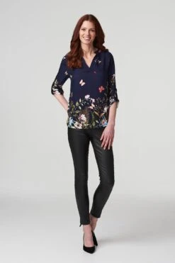 Izabel London – Butterfly Print Collarless Shirt